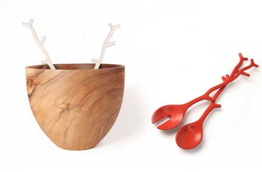 Tall Wood Salad Bowl & Coral Servers